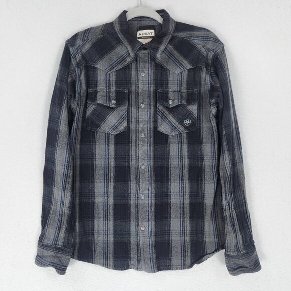 Ariat Shirt Men Large Gray Plaid Snap Front Retro Fit Western Long Sleeve Casual - Picture 1 of 12